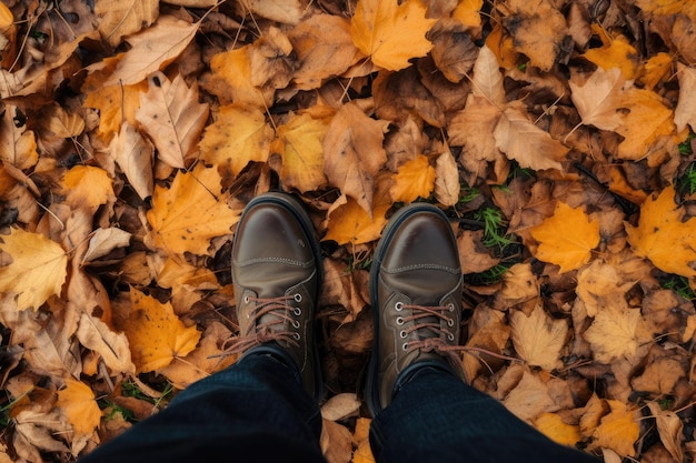 Caminando entre hojas de otoño Botas Closeup