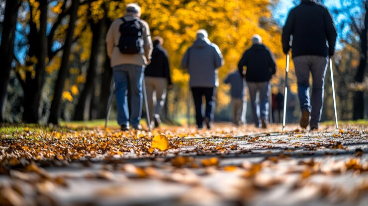 Caminando juntos en el Día de la Discapacidad en un parque rodeado de follaje de otoño