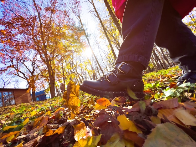 Caminando en el parque de otoño pateando hojas secas