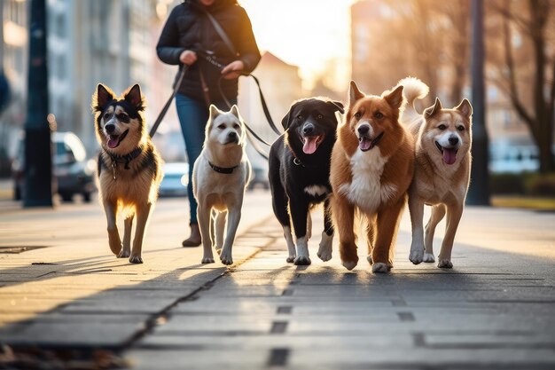 Caminando los perros siendo caminado por una sola persona en el fondo en la acera de la ciudad AI generado