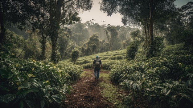 Caminando a través de una vasta plantación de café