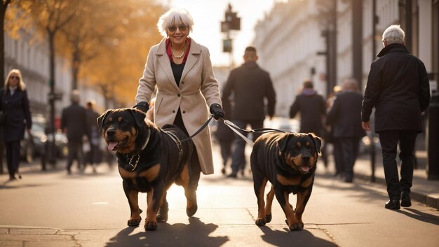 Caminando la vitalidad Una anciana y su Rottweiler exploran la gran ciudad