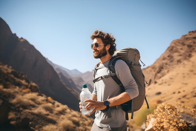 Caminante de aventura por senderos de montaña con mochila y botella de agua