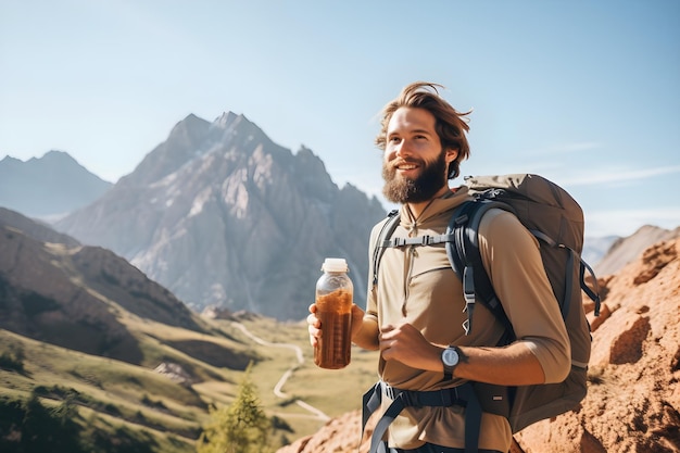 Caminante de aventura por senderos de montaña con mochila y botella de agua