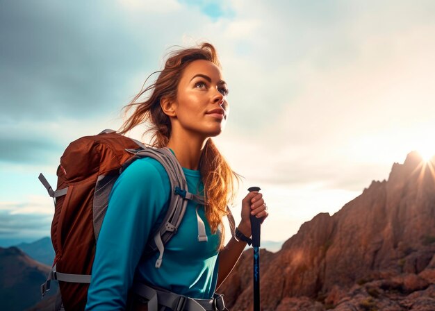 Caminante aventurero Una mujer explorando las altas montañas con atuendo de trekking