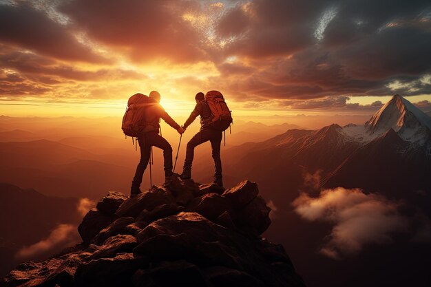 Caminante ayudando a un amigo a escalar una montaña rocosa amistad haciendo senderismo en la cima de la montaña Generado con IA