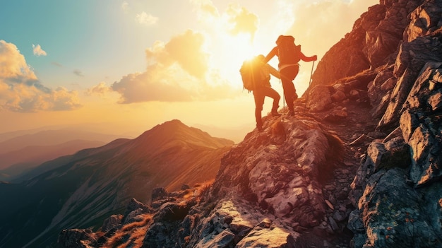 Caminante ayudando a un amigo a llegar a la montaña Tomados de la mano y subiendo la montaña