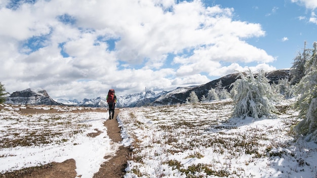 Caminante caminando por un sendero nevado mt assiniboine parque provincial canadá