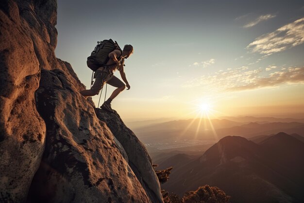 Caminante en la cima de una montaña al atardecer Concepto de escalada IA generativa