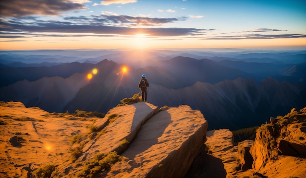 Caminante en la cima de la montaña al atardecer