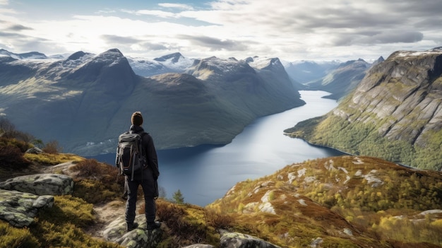 Caminante en la cima de la montaña con vistas al fiordo noruego ai generativo