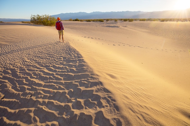 Caminante en el desierto de arena. Hora del amanecer.