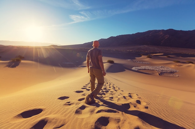 Foto caminante en el desierto de arena. hora del amanecer.