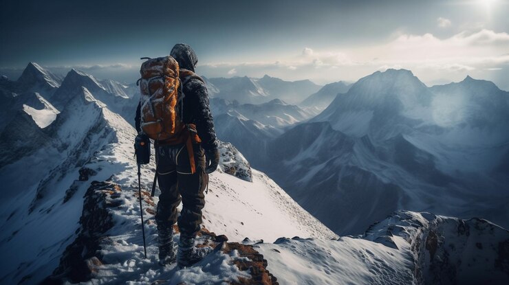 Caminante con una mochila en la cima de una montaña nevada al atardecergenerativo ai