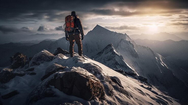 Caminante con una mochila en la cima de una montaña nevada al atardecergenerativo ai