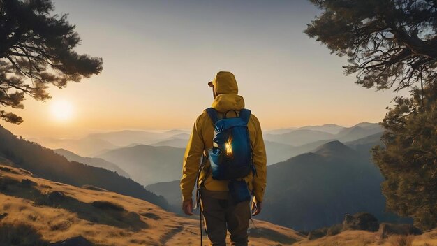 Caminante con mochila y linterna en amarillo mostrando un gesto de disgusto pulgares hacia abajo concepto de desacuerdo