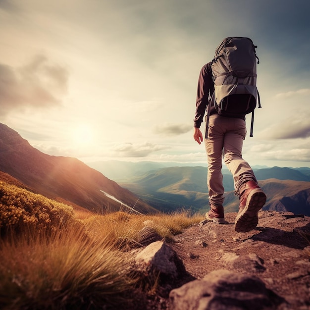 Caminante con mochila de pie en la cima de una montaña y disfrutando de la vista generativa ai