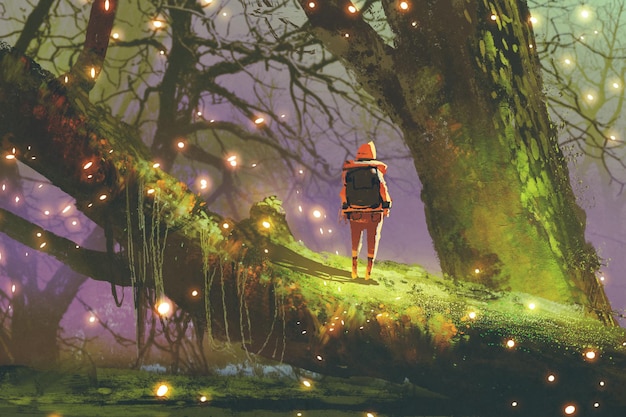 Caminante con mochila de pie sobre un árbol gigante con luciérnagas en el bosque encantado, estilo de arte digital, pintura de ilustración