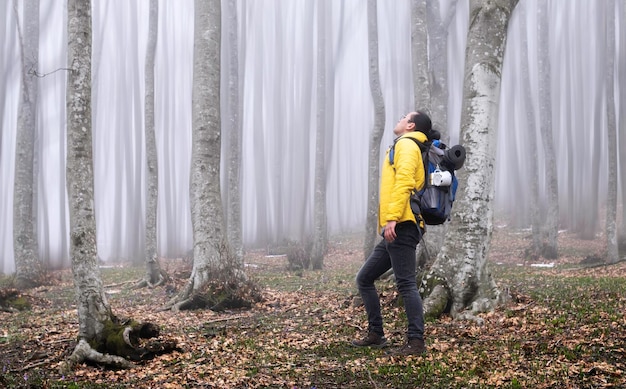 Caminante observando el bosque misterioso en un día de niebla con mochila pesada para acampar