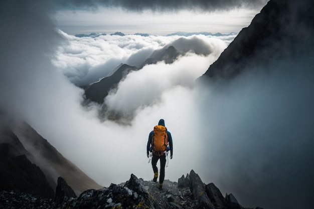 Caminante de pie en la cima de una montaña y mirando las nubes IA generativa