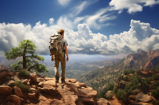 Foto caminante de pie en la cima de la montaña y vista del cielo