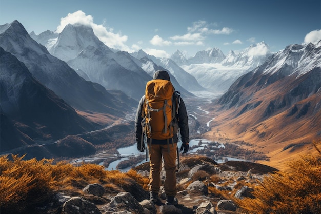 Caminante de serenidad de la cumbre en una expedición de montaña apreciando la vista panorámica desde atrás