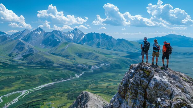 Caminantes en la cima de una montaña con vistas a un vasto valle verde y a un majestuoso paisaje