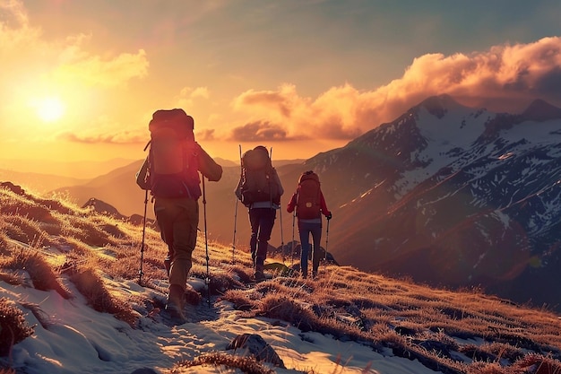 Caminantes con mochilas en un sendero en las montañas en una mañana de verano al amanecer