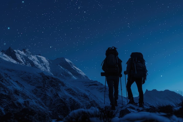 Foto caminantes en las montañas por la noche