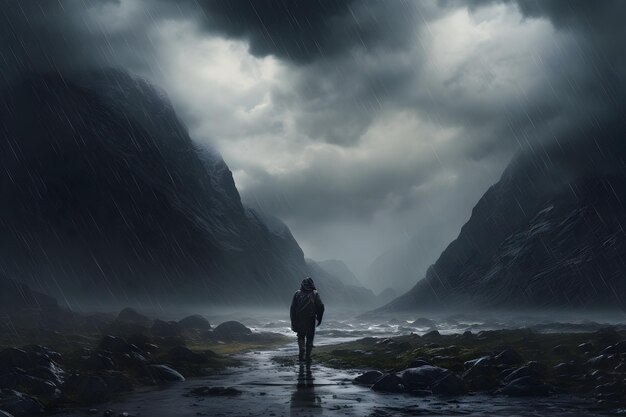 Foto caminantes en la tormenta oscura en el medio del valle copiar el espacio