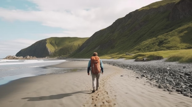 Caminar por la playa con el océano y las montañas de fondo IA generativa