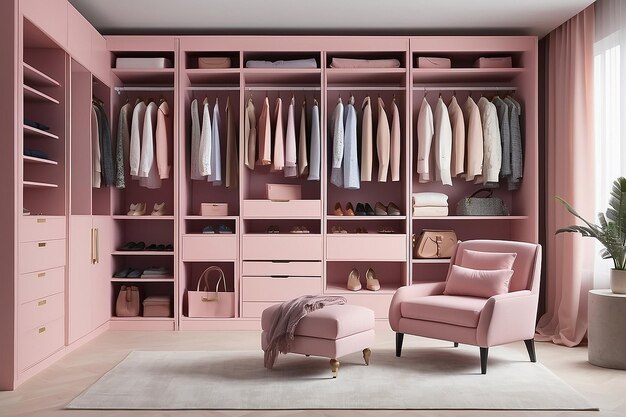 Foto caminar en rosa en el armario con ropa de armario en un colgante sillón de lujo y estantería de almacenamiento