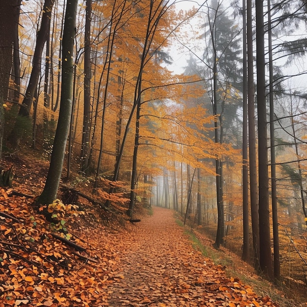 Caminata por el bosque de otoño con hojas doradas en Austria