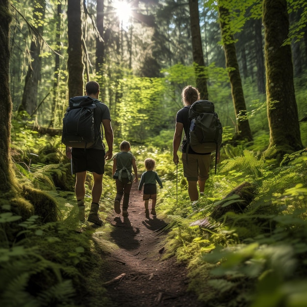 Caminata en familia a través de un bosque exuberante