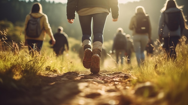 Caminata en grupo por el bosque para actividades basadas en la naturaleza