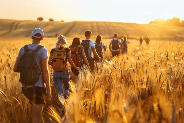 Foto caminata en grupo a través del campo de trigo dorado al atardecer con ia generada