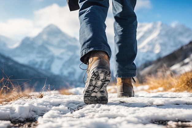 Caminata de invierno Los pies de un excursionista solitario