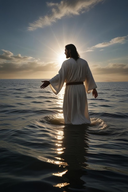 Foto caminata milagrosa de jesucristo en túnicas blancas caminando sobre el agua bajo un cielo dramático