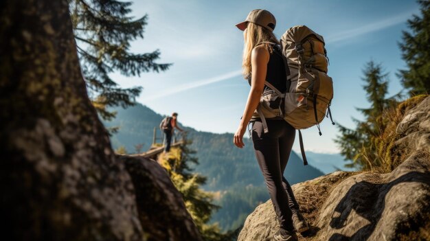 Caminata por las montañas Piernas femeninas con zapatos deportivos y mochila corriendo por una montaña de senderos