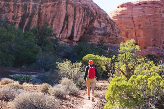 Caminata por las montañas de Utah. Senderismo en paisajes naturales insólitos. Formaciones fantásticas de arenisca.