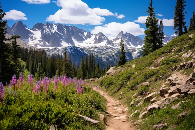 Caminata panorámica por las montañas con flores silvestres en pleno florecimiento