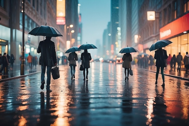 Caminata de peatones de la ciudad lluviosa con paraguas tráfico nocturno borroso gotas de lluvia ligeras en la ventana