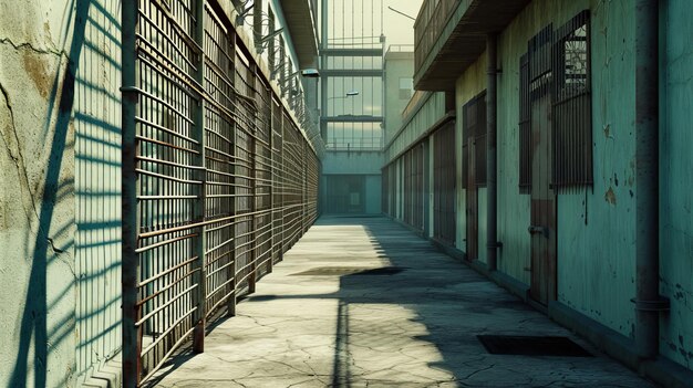 Foto caminata por la prisión con cercas y vista del edificio