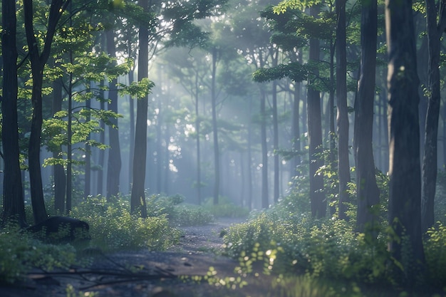 Caminata tranquila por la mañana a través de los bosques de niebla