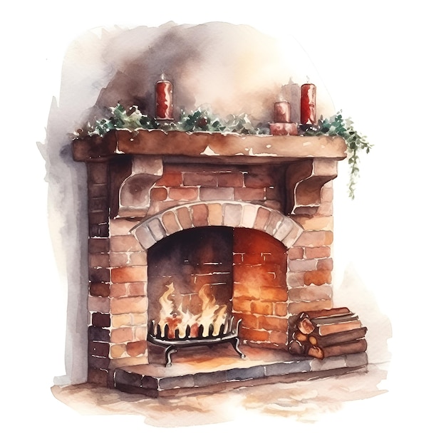 Caminera de ladrillo con un fuego ardiente decorada para Navidad