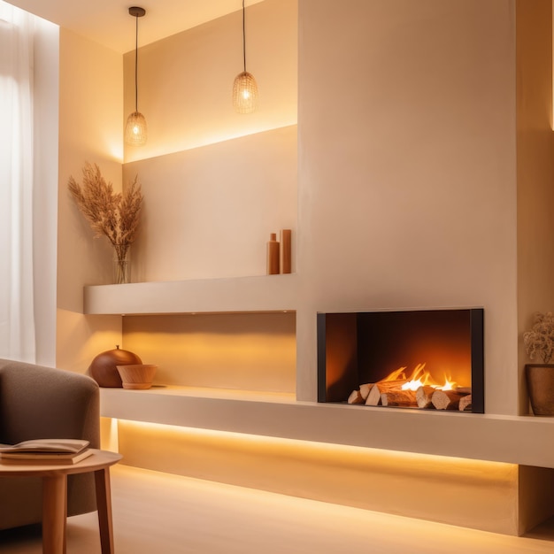 Caminera con llamas en sala de estar moderna creada utilizando tecnología de IA generativa