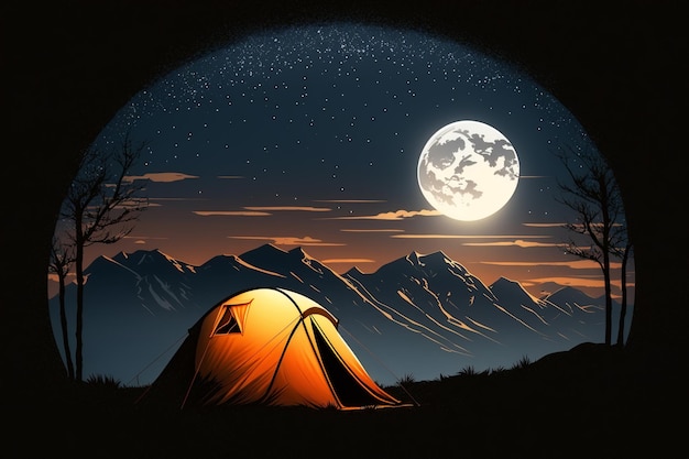 Caminhada conceitual, viagens, lazer na natureza Barraca de acampamento luminosa contra o pano de fundo de montanhas e lua à noite Ilustração generativa de ai