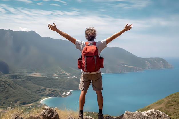 Caminhada do viajante com imagem gerada pela tecnologia AI das mochilas