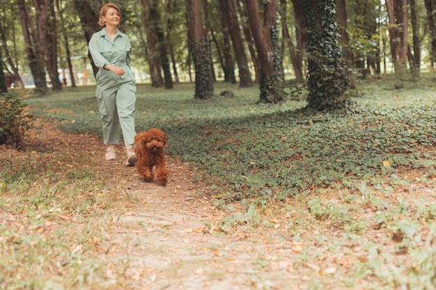 Caminhada matinal no parque de verão com cachorro favorito