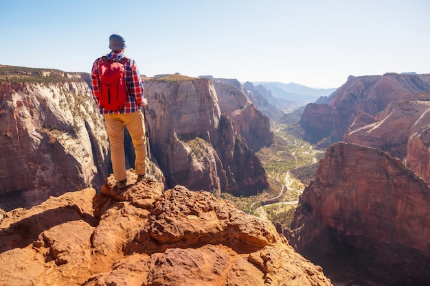 Caminhada no Parque Nacional de Zion. Homem a pé na trilha no Parque Nacional de Zion, Utah. As costas viraram nenhum rosto visível.